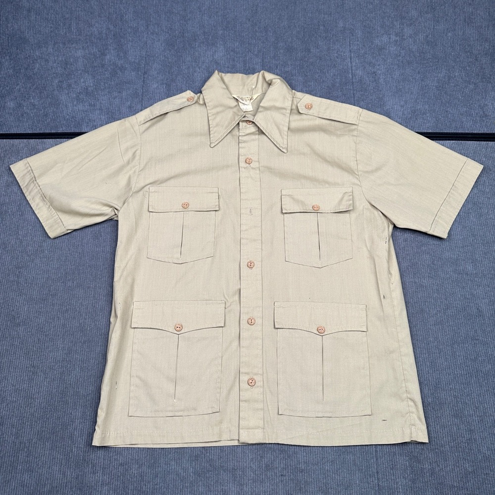 Vintage Mar Vista Mens Khaki Safari Shirt y2k Short Sleeve 4 Pocket Military Tan